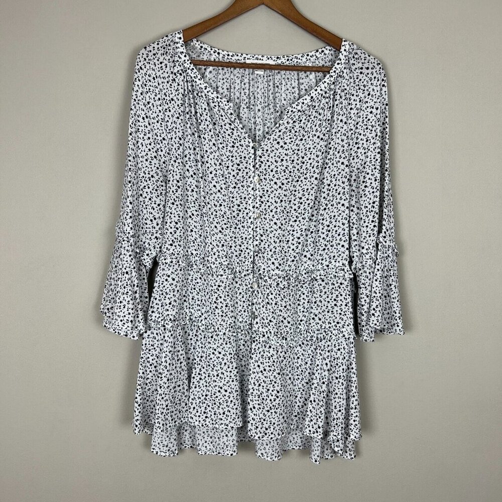 Beach Lunch Lounge Tunic Top Womens Medium White Black Floral Tiered Ruffle M